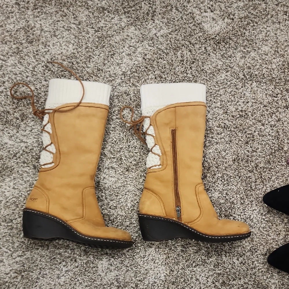 UGG Tan Boots with White Knit Accents - Picture 1 of 7